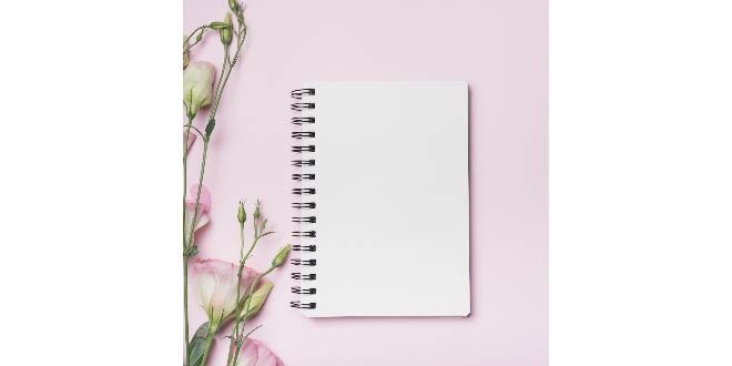 Blank spiral notebook with eustoma flowers against pink backdrop Free Photo
