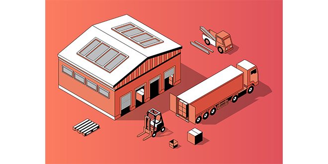3d isometric warehouse with truck, forklift Vector
