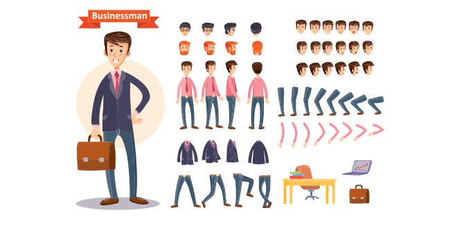 Set of vector cartoon illustrations for creating a character, businessman