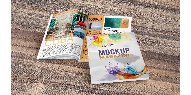 Magazine mockup on wooden table Free Psd
