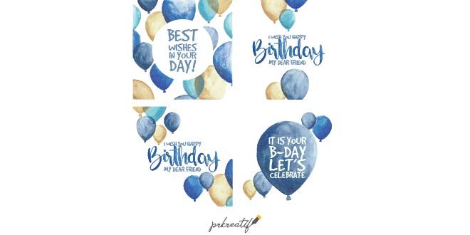 Set of four watercolour birthday cards with balloons Free Vector