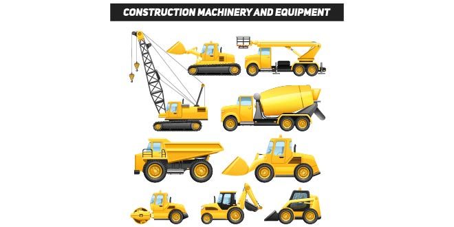 Construction equipment and machinery with trucks crane and bulldozer Free Vector