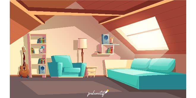 Cartoon background with empty garret room, modern loft apartment under wooden roof Free Vector