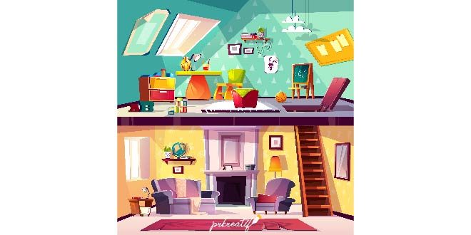 Cross section background, cartoon interior of child playroom on attic, living room Free Vector
