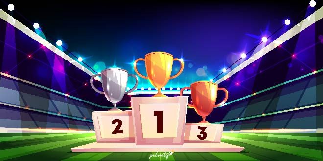 Victory in sports competition cartoon concept with golden, silver and bronze cup trophies Free Vector