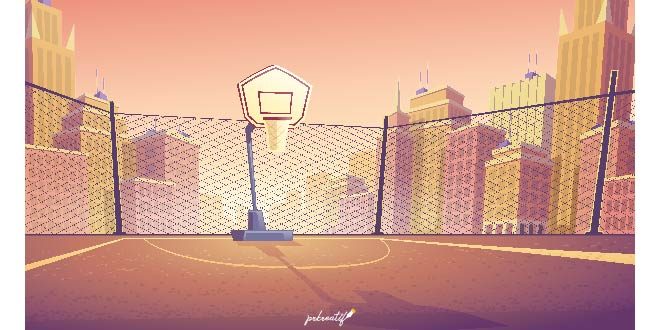 Cartoon background of basketball court in city. Outdoor sports arena with basket for game. Free Vector