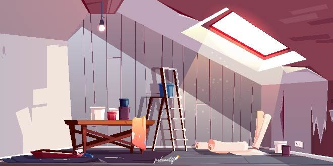 Concept of attic repair. Renovation of wooden room under a roof. Free Vector