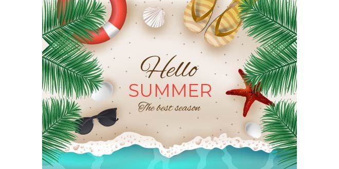 Hello summer background with beach in realistic style Free Vector