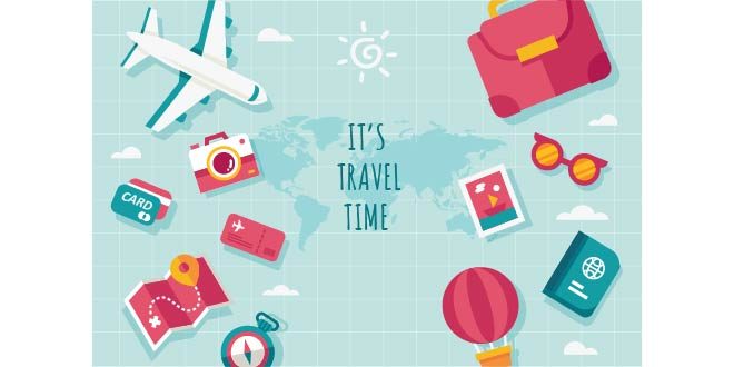Background of various travel elements with message Free Vector