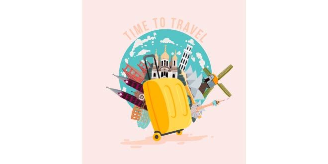 Landmarks and yellow suitcase Free Vector