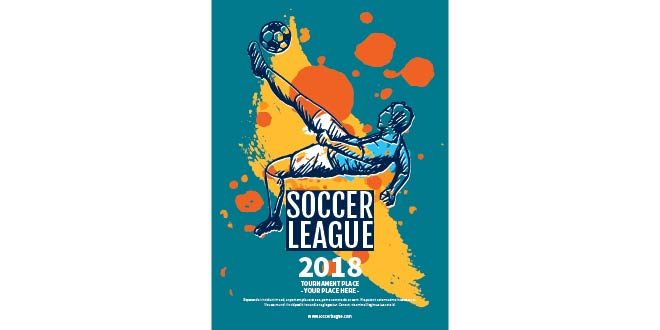 Soccer league flyer with player in hand drawn style Free Vector