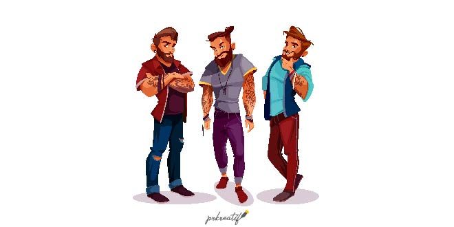 Cartoon Arab hipsters - company of young people with tattoos, trendy clothing. Free Vector