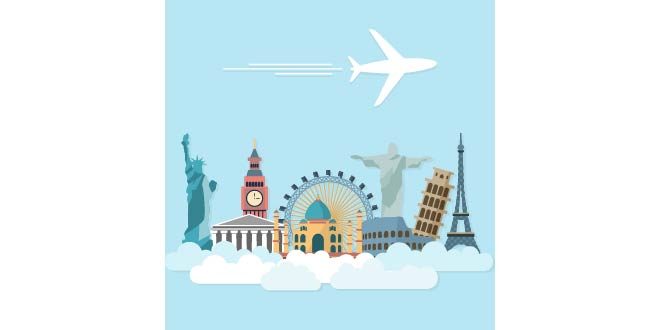 Airplane holidays travel with world monuments Free Vector