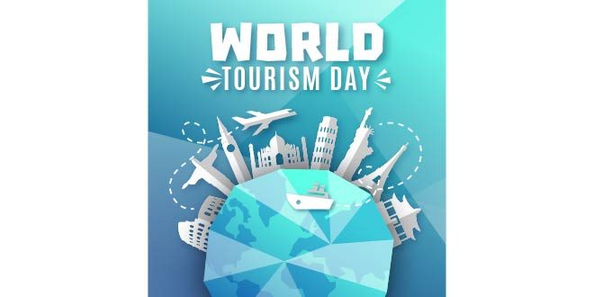 Tourism day background with monuments around earth Free Vector