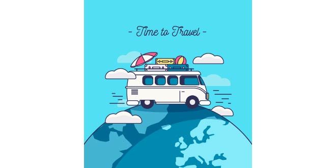 Travel background with van on earth Free Vector