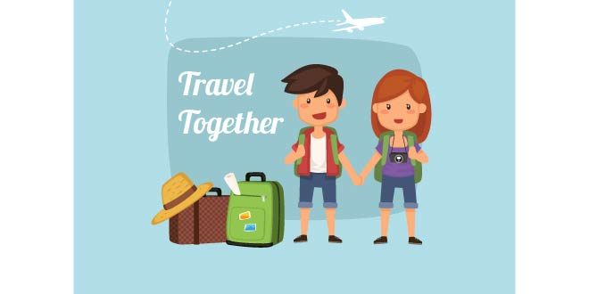 Background of pretty couple with luggage Free Vector