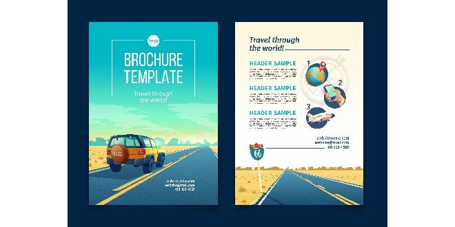 Brochure template with desert landscape. Travel concept with SUV on asphalt way to canyon Free Vector