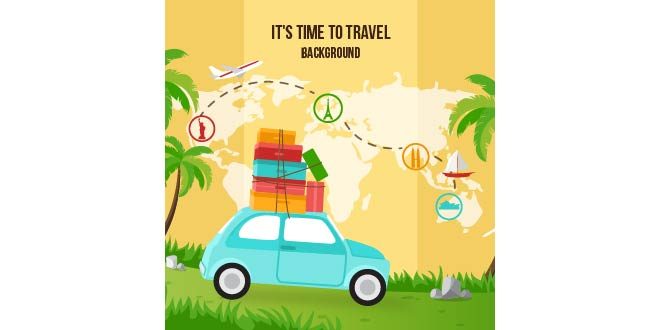 Map background and car with suitcases Free Vector