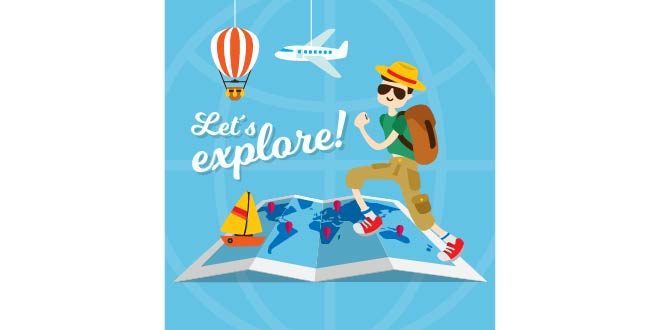 Travel background with tourist and decorative items Free Vector