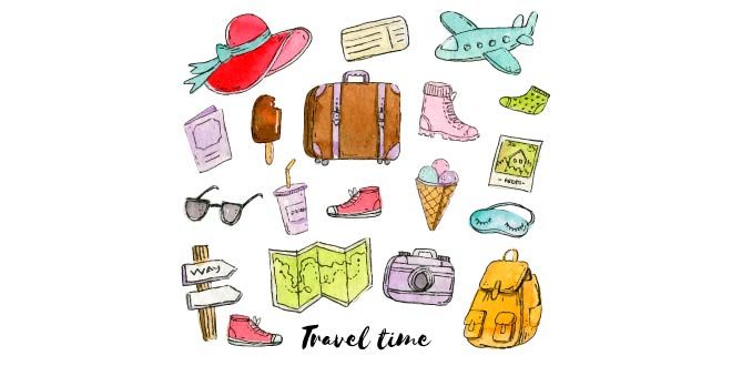 Collection of watercolor travel elements Free Vector
