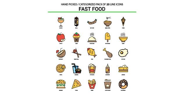 Fast food Flat Line Icon Set Free Vector