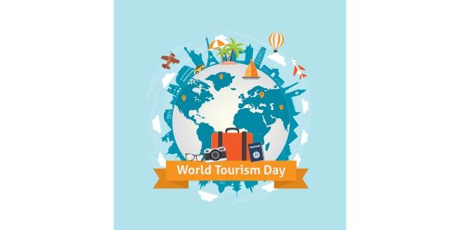 World tourism day background with world and monuments Free Vector