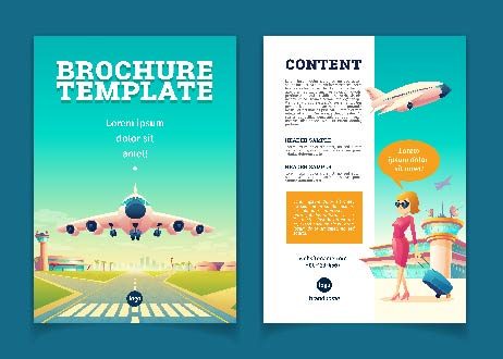 Brochure template with airplane takeoff. Travel or tourism concept, girl with baggage Free Vector