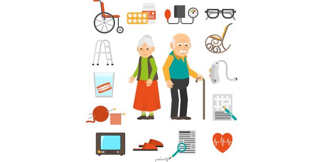 Aging people accessories flat icons set Vector