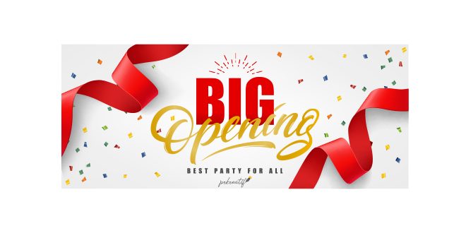 Big opening, best party for all festive banner with confetti and red streamer Vector