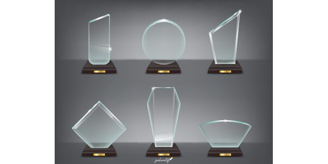 Collection vector illustration of modern glass trophies, prizes Vector ster to write comments.