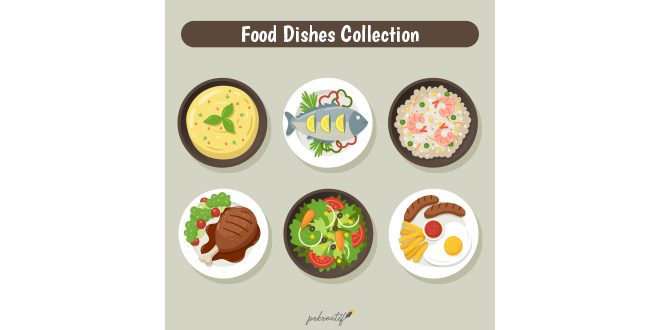Dishes collection with different food Vector