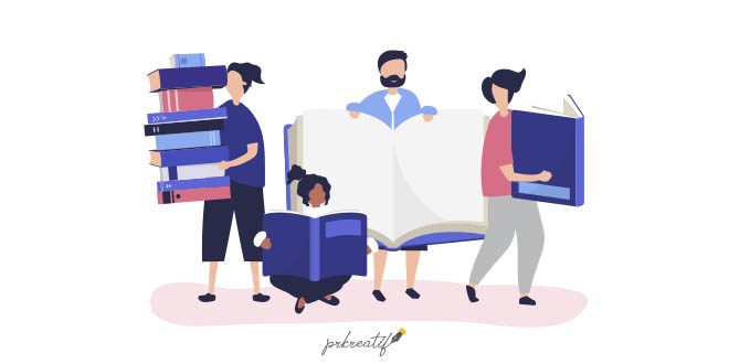Group of people reading and borrowing books Vector