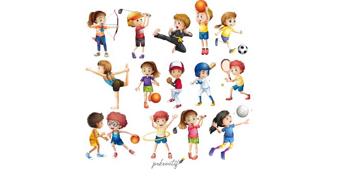 Kids playing various sports on white Vector