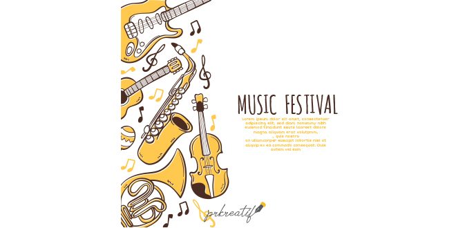 Music festival background with instruments in hand drawn style Vector