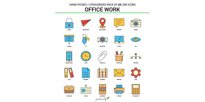 Office work Flat Line Icon Set Vector