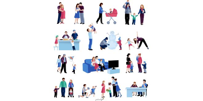 Parenthood family situations flat icons set Vector