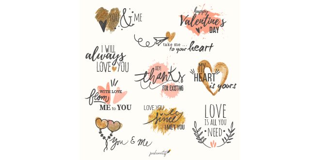 Set of love phrases with watercolor hearts Vector