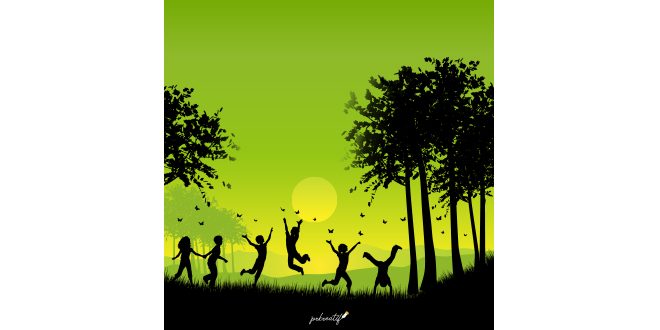 Silhouettes of children playing outside chasing butterflies Free Vector