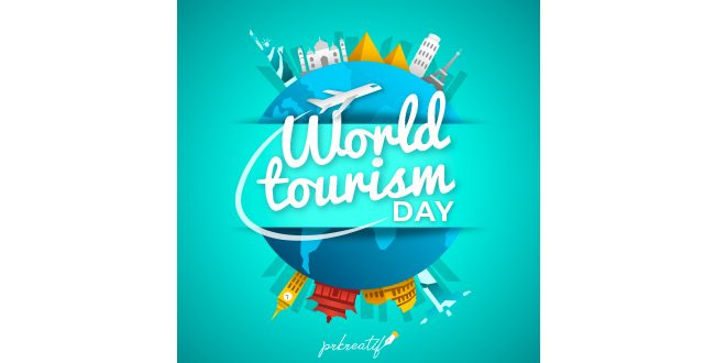Tourism day background with monuments around earth Vector