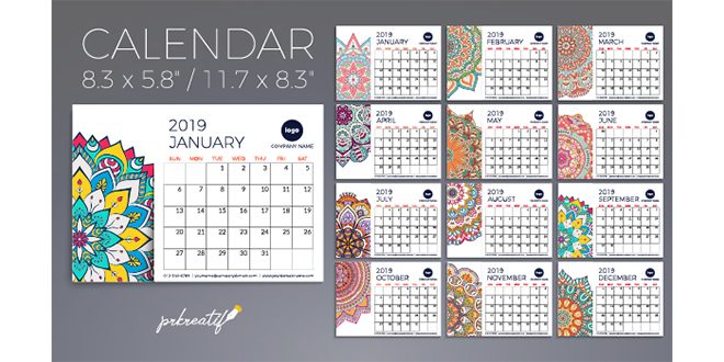 Calendar 2019 with mandalas  Vector