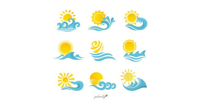 Waves flowing water sea ocean icons set with sun isolated vector illustration Vector
