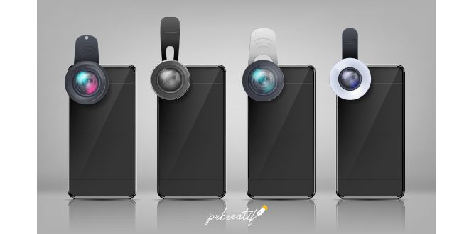 Realistic mockup, black smartphones with various clip-on lenses Vector