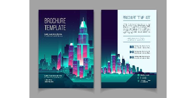 Brochure with modern megapolis at night. Booklet with glowing buildings in cartoon style Free Vector